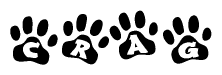 The image shows a series of animal paw prints arranged horizontally. Within each paw print, there's a letter; together they spell Crag