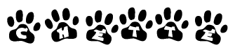 The image shows a row of animal paw prints, each containing a letter. The letters spell out the word Chette within the paw prints.