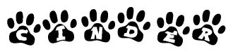The image shows a series of animal paw prints arranged in a horizontal line. Each paw print contains a letter, and together they spell out the word Cinder.