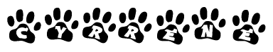 The image shows a series of animal paw prints arranged in a horizontal line. Each paw print contains a letter, and together they spell out the word Cyrrene.