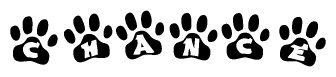 The image shows a series of animal paw prints arranged horizontally. Within each paw print, there's a letter; together they spell Chance
