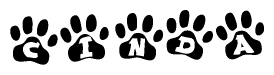 The image shows a row of animal paw prints, each containing a letter. The letters spell out the word Cinda within the paw prints.