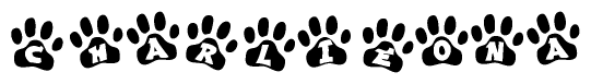 The image shows a series of animal paw prints arranged horizontally. Within each paw print, there's a letter; together they spell Charlieona