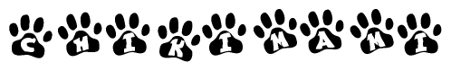 The image shows a series of animal paw prints arranged horizontally. Within each paw print, there's a letter; together they spell Chikimami