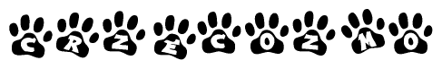 The image shows a row of animal paw prints, each containing a letter. The letters spell out the word Crzecozmo within the paw prints.