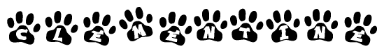 The image shows a series of animal paw prints arranged in a horizontal line. Each paw print contains a letter, and together they spell out the word Clementine.