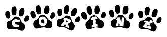 The image shows a series of animal paw prints arranged horizontally. Within each paw print, there's a letter; together they spell Corine