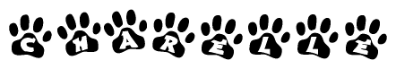 The image shows a row of animal paw prints, each containing a letter. The letters spell out the word Charelle within the paw prints.