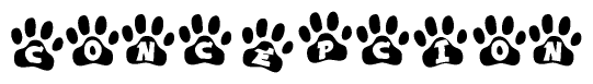 The image shows a series of animal paw prints arranged in a horizontal line. Each paw print contains a letter, and together they spell out the word Concepcion.
