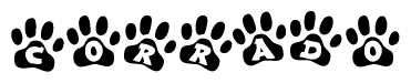 The image shows a series of animal paw prints arranged in a horizontal line. Each paw print contains a letter, and together they spell out the word Corrado.