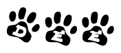 The image shows a row of animal paw prints, each containing a letter. The letters spell out the word Dee within the paw prints.