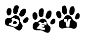 The image shows a series of animal paw prints arranged in a horizontal line. Each paw print contains a letter, and together they spell out the word Dev.
