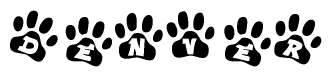 The image shows a series of animal paw prints arranged horizontally. Within each paw print, there's a letter; together they spell Denver