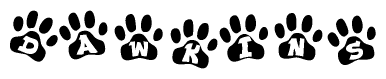 The image shows a series of animal paw prints arranged in a horizontal line. Each paw print contains a letter, and together they spell out the word Dawkins.