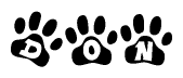 The image shows a series of animal paw prints arranged in a horizontal line. Each paw print contains a letter, and together they spell out the word Don.