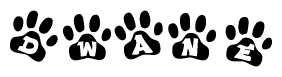 The image shows a series of animal paw prints arranged horizontally. Within each paw print, there's a letter; together they spell Dwane
