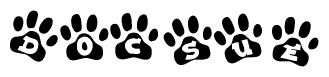 The image shows a series of animal paw prints arranged in a horizontal line. Each paw print contains a letter, and together they spell out the word Docsue.