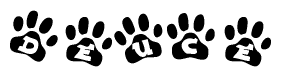 The image shows a series of animal paw prints arranged in a horizontal line. Each paw print contains a letter, and together they spell out the word Deuce.