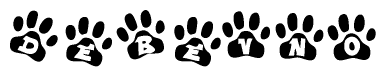 The image shows a series of animal paw prints arranged in a horizontal line. Each paw print contains a letter, and together they spell out the word Debevno.