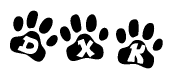 The image shows a row of animal paw prints, each containing a letter. The letters spell out the word Dxk within the paw prints.