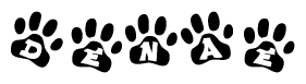 The image shows a row of animal paw prints, each containing a letter. The letters spell out the word Denae within the paw prints.