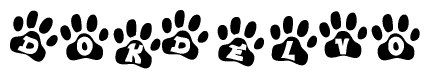 The image shows a series of animal paw prints arranged in a horizontal line. Each paw print contains a letter, and together they spell out the word Dokdelvo.