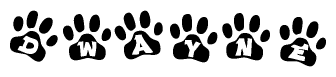 The image shows a row of animal paw prints, each containing a letter. The letters spell out the word Dwayne within the paw prints.