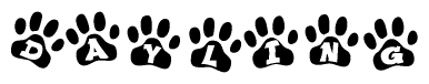The image shows a series of animal paw prints arranged horizontally. Within each paw print, there's a letter; together they spell Dayling