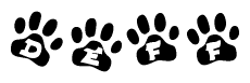The image shows a row of animal paw prints, each containing a letter. The letters spell out the word Deff within the paw prints.