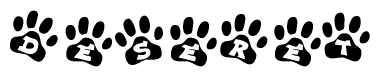 The image shows a series of animal paw prints arranged in a horizontal line. Each paw print contains a letter, and together they spell out the word Deseret.