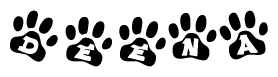 The image shows a row of animal paw prints, each containing a letter. The letters spell out the word Deena within the paw prints.