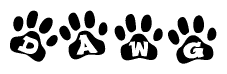 The image shows a row of animal paw prints, each containing a letter. The letters spell out the word Dawg within the paw prints.