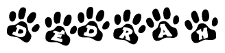 The image shows a series of animal paw prints arranged horizontally. Within each paw print, there's a letter; together they spell Dedrah