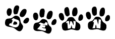 The image shows a series of animal paw prints arranged in a horizontal line. Each paw print contains a letter, and together they spell out the word Dewn.