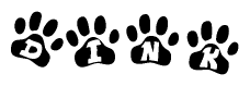 The image shows a series of animal paw prints arranged in a horizontal line. Each paw print contains a letter, and together they spell out the word Dink.