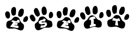 The image shows a series of animal paw prints arranged horizontally. Within each paw print, there's a letter; together they spell Eseit