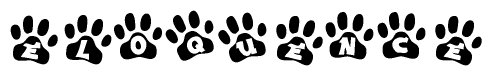 The image shows a series of animal paw prints arranged in a horizontal line. Each paw print contains a letter, and together they spell out the word Eloquence.
