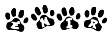 The image shows a series of animal paw prints arranged in a horizontal line. Each paw print contains a letter, and together they spell out the word Emir.