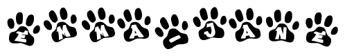 The image shows a series of animal paw prints arranged horizontally. Within each paw print, there's a letter; together they spell Emma-jane