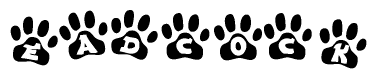 The image shows a series of animal paw prints arranged in a horizontal line. Each paw print contains a letter, and together they spell out the word Eadcock.