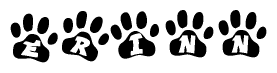 The image shows a series of animal paw prints arranged in a horizontal line. Each paw print contains a letter, and together they spell out the word Erinn.