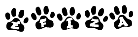 The image shows a series of animal paw prints arranged in a horizontal line. Each paw print contains a letter, and together they spell out the word Efiza.