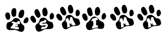 The image shows a row of animal paw prints, each containing a letter. The letters spell out the word Esmimm within the paw prints.