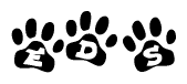 The image shows a series of animal paw prints arranged in a horizontal line. Each paw print contains a letter, and together they spell out the word Eds.