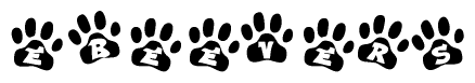 The image shows a row of animal paw prints, each containing a letter. The letters spell out the word Ebeevers within the paw prints.