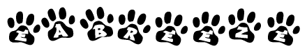 The image shows a series of animal paw prints arranged horizontally. Within each paw print, there's a letter; together they spell Eabreeze