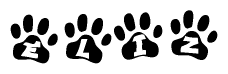 The image shows a series of animal paw prints arranged horizontally. Within each paw print, there's a letter; together they spell Eliz