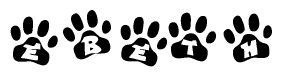 The image shows a series of animal paw prints arranged in a horizontal line. Each paw print contains a letter, and together they spell out the word Ebeth.