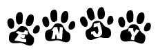 The image shows a series of animal paw prints arranged horizontally. Within each paw print, there's a letter; together they spell Enjy