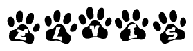 The image shows a row of animal paw prints, each containing a letter. The letters spell out the word Elvis within the paw prints.